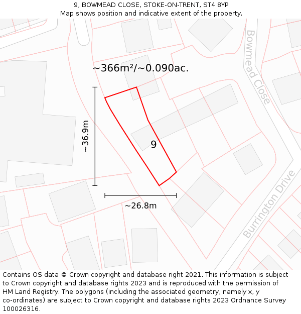 9, BOWMEAD CLOSE, STOKE-ON-TRENT, ST4 8YP: Plot and title map