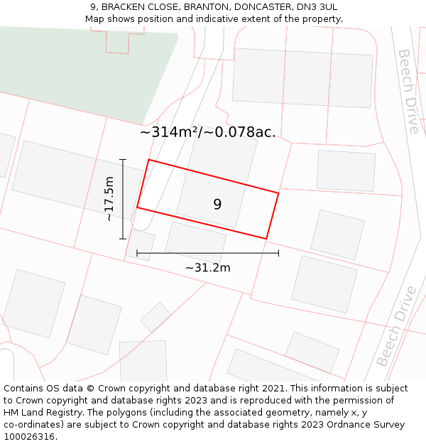 9, BRACKEN CLOSE, BRANTON, DONCASTER, DN3 3UL: Plot and title map