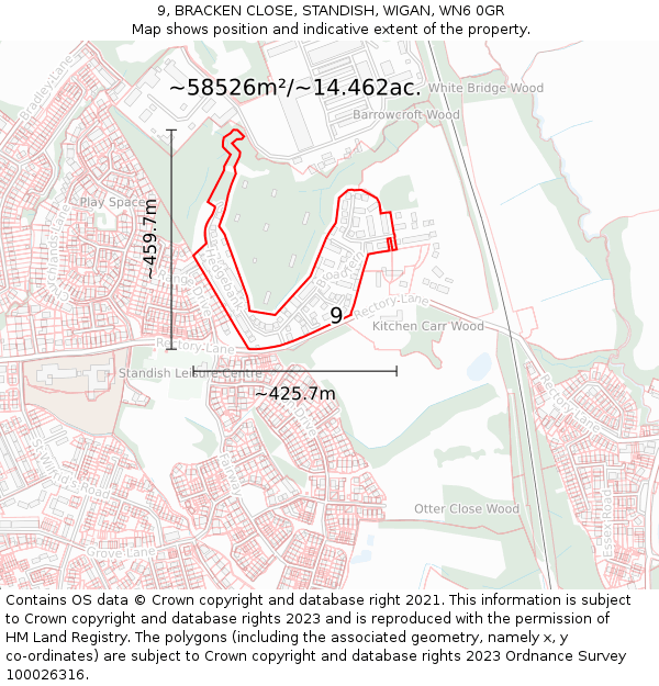 9, BRACKEN CLOSE, STANDISH, WIGAN, WN6 0GR: Plot and title map