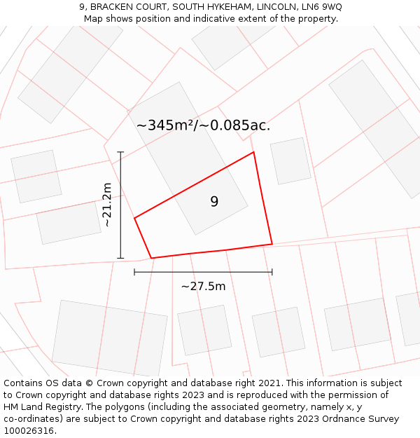 9, BRACKEN COURT, SOUTH HYKEHAM, LINCOLN, LN6 9WQ: Plot and title map