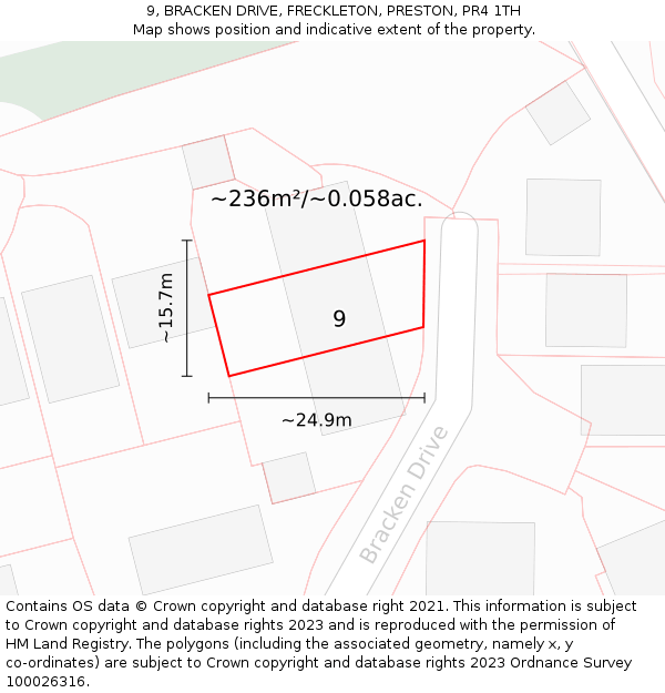 9, BRACKEN DRIVE, FRECKLETON, PRESTON, PR4 1TH: Plot and title map