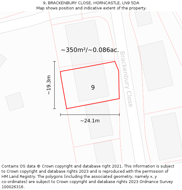 9, BRACKENBURY CLOSE, HORNCASTLE, LN9 5DA: Plot and title map
