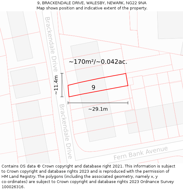 9, BRACKENDALE DRIVE, WALESBY, NEWARK, NG22 9NA: Plot and title map