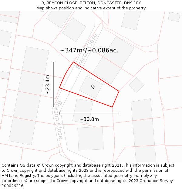 9, BRACON CLOSE, BELTON, DONCASTER, DN9 1RY: Plot and title map
