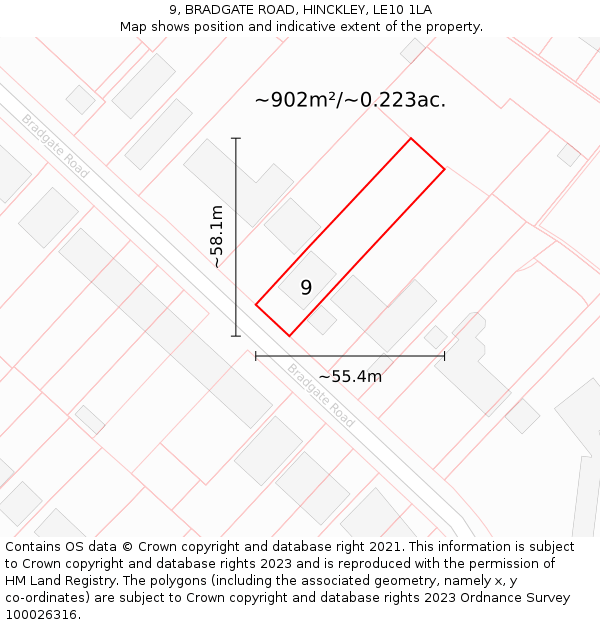 9, BRADGATE ROAD, HINCKLEY, LE10 1LA: Plot and title map