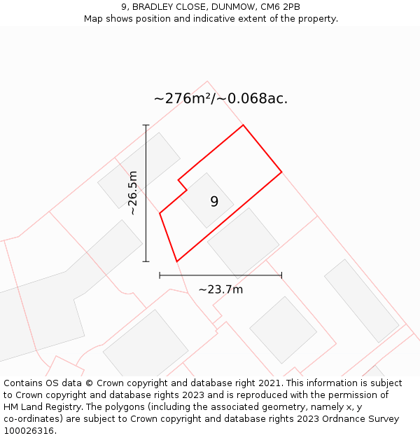 9, BRADLEY CLOSE, DUNMOW, CM6 2PB: Plot and title map