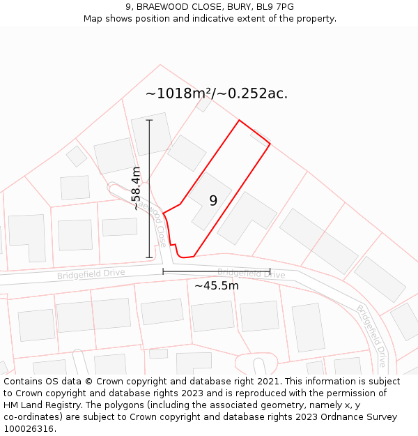 9, BRAEWOOD CLOSE, BURY, BL9 7PG: Plot and title map