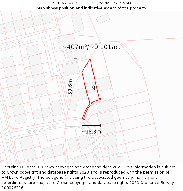 9, BRAEWORTH CLOSE, YARM, TS15 9SB: Plot and title map