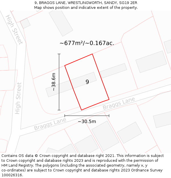 9, BRAGGS LANE, WRESTLINGWORTH, SANDY, SG19 2ER: Plot and title map