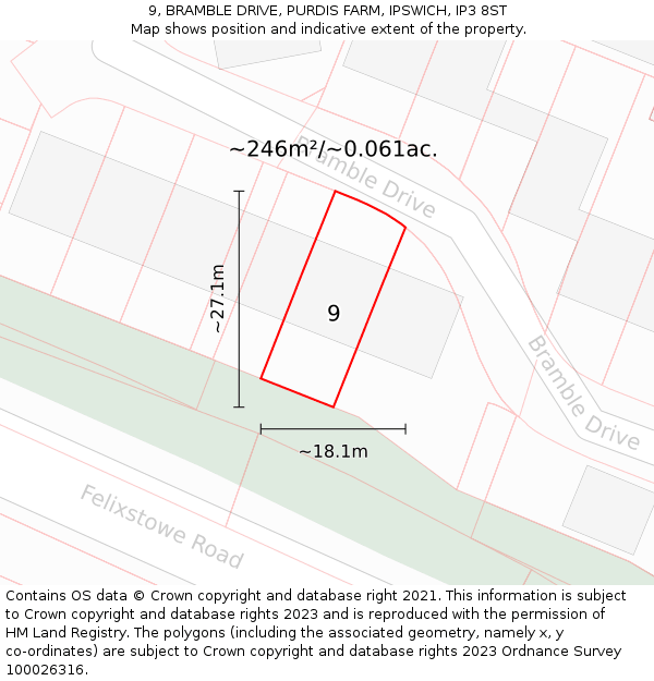 9, BRAMBLE DRIVE, PURDIS FARM, IPSWICH, IP3 8ST: Plot and title map