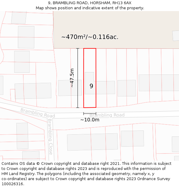 9, BRAMBLING ROAD, HORSHAM, RH13 6AX: Plot and title map