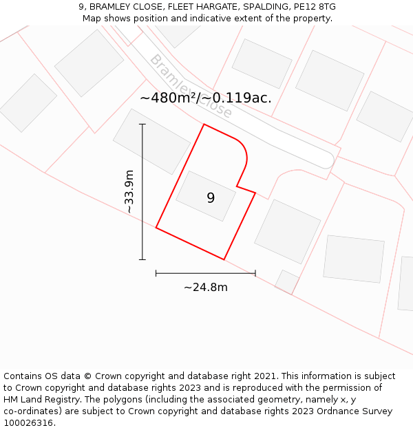 9, BRAMLEY CLOSE, FLEET HARGATE, SPALDING, PE12 8TG: Plot and title map