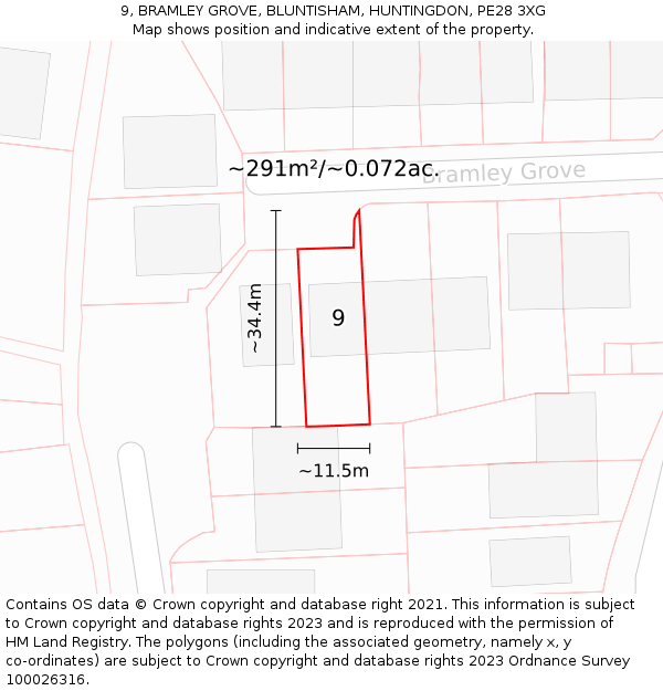 9, BRAMLEY GROVE, BLUNTISHAM, HUNTINGDON, PE28 3XG: Plot and title map