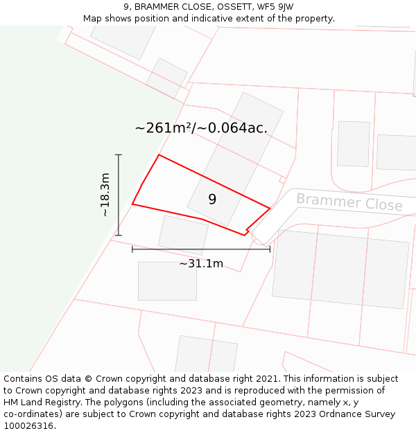 9, BRAMMER CLOSE, OSSETT, WF5 9JW: Plot and title map