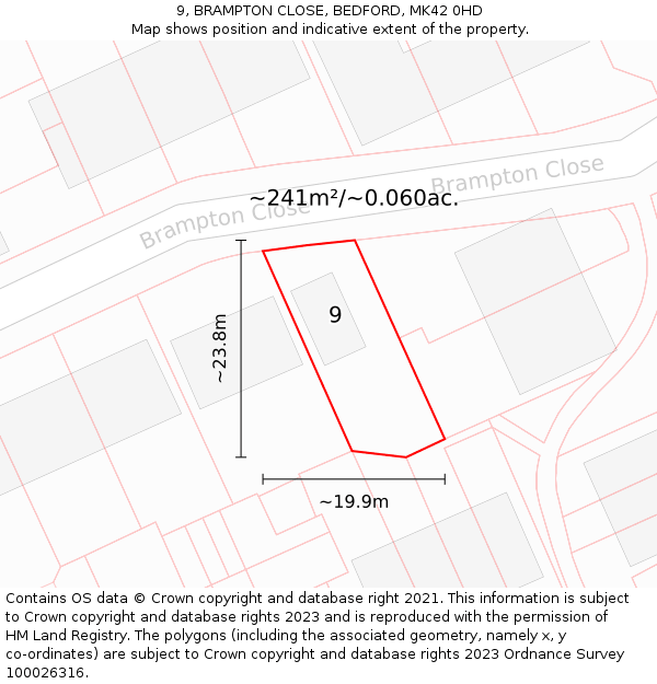 9, BRAMPTON CLOSE, BEDFORD, MK42 0HD: Plot and title map