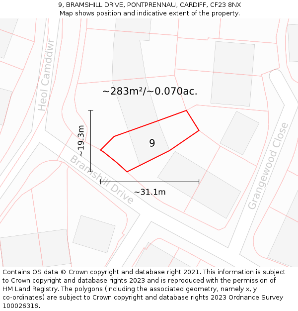 9, BRAMSHILL DRIVE, PONTPRENNAU, CARDIFF, CF23 8NX: Plot and title map