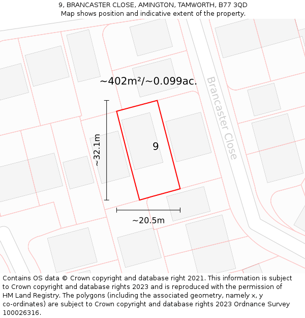 9, BRANCASTER CLOSE, AMINGTON, TAMWORTH, B77 3QD: Plot and title map