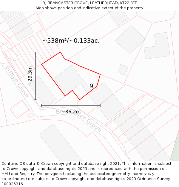 9, BRANCASTER GROVE, LEATHERHEAD, KT22 8FE: Plot and title map