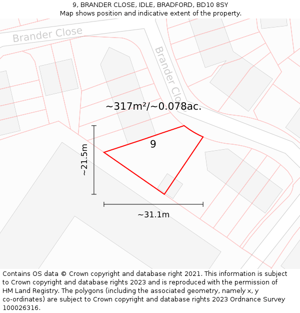 9, BRANDER CLOSE, IDLE, BRADFORD, BD10 8SY: Plot and title map