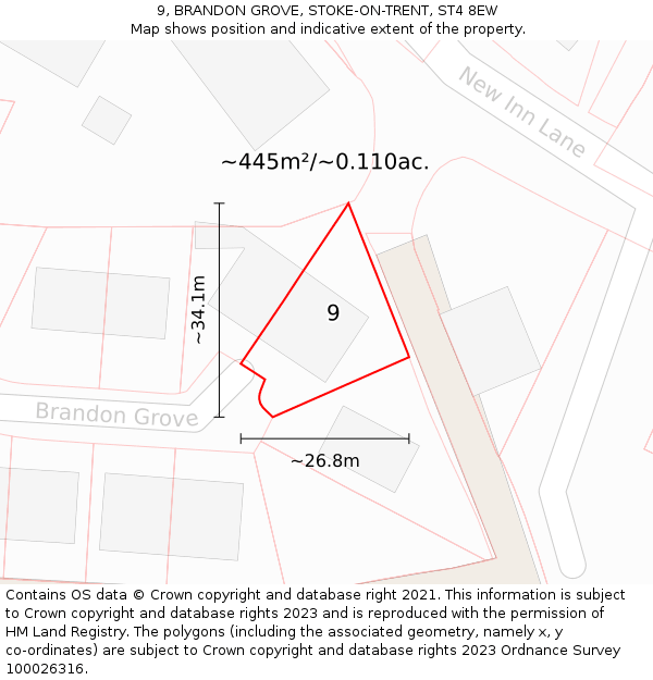 9, BRANDON GROVE, STOKE-ON-TRENT, ST4 8EW: Plot and title map