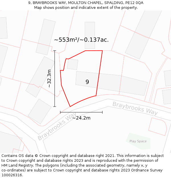 9, BRAYBROOKS WAY, MOULTON CHAPEL, SPALDING, PE12 0QA: Plot and title map