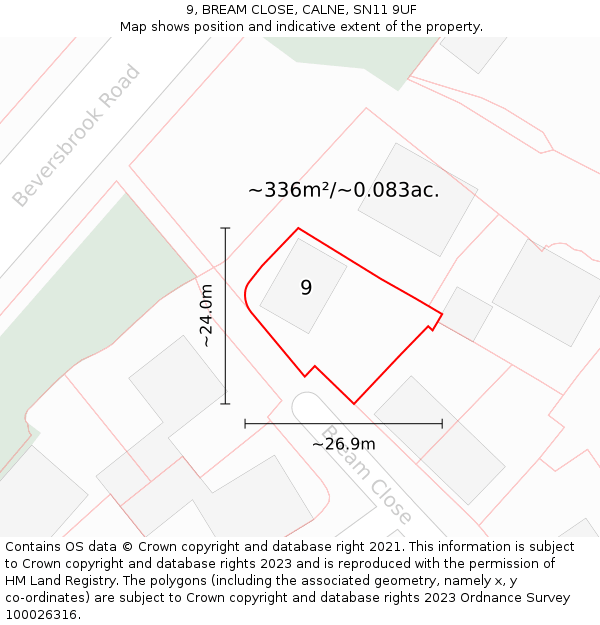 9, BREAM CLOSE, CALNE, SN11 9UF: Plot and title map