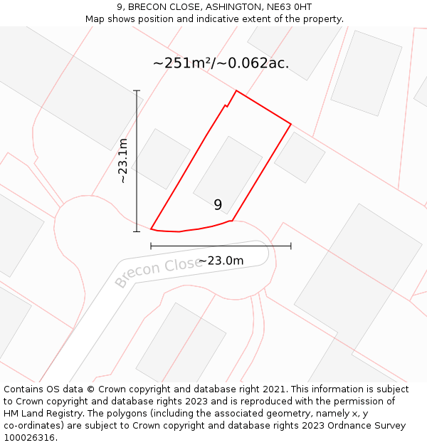 9, BRECON CLOSE, ASHINGTON, NE63 0HT: Plot and title map