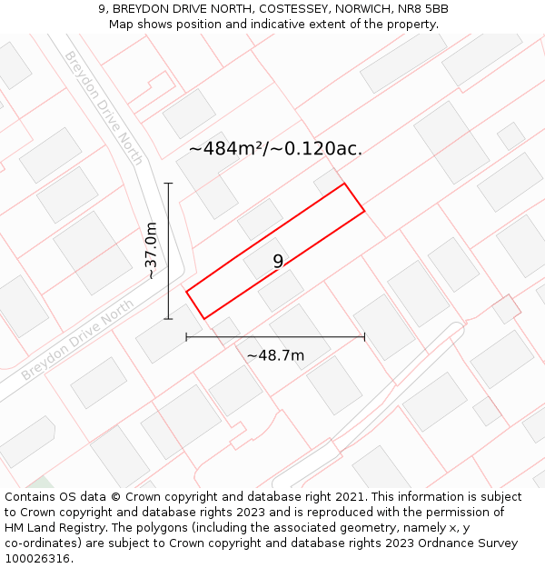 9, BREYDON DRIVE NORTH, COSTESSEY, NORWICH, NR8 5BB: Plot and title map