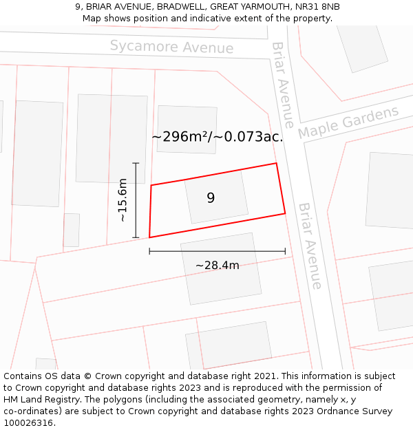 9, BRIAR AVENUE, BRADWELL, GREAT YARMOUTH, NR31 8NB: Plot and title map