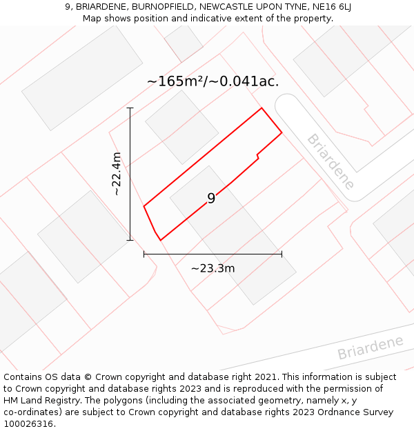 9, BRIARDENE, BURNOPFIELD, NEWCASTLE UPON TYNE, NE16 6LJ: Plot and title map