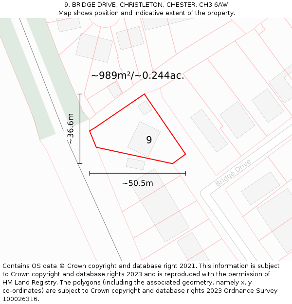 9, BRIDGE DRIVE, CHRISTLETON, CHESTER, CH3 6AW: Plot and title map