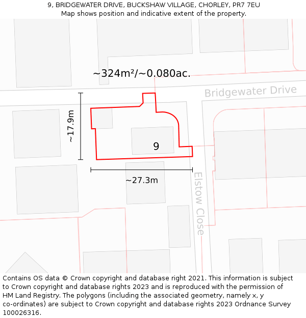 9, BRIDGEWATER DRIVE, BUCKSHAW VILLAGE, CHORLEY, PR7 7EU: Plot and title map