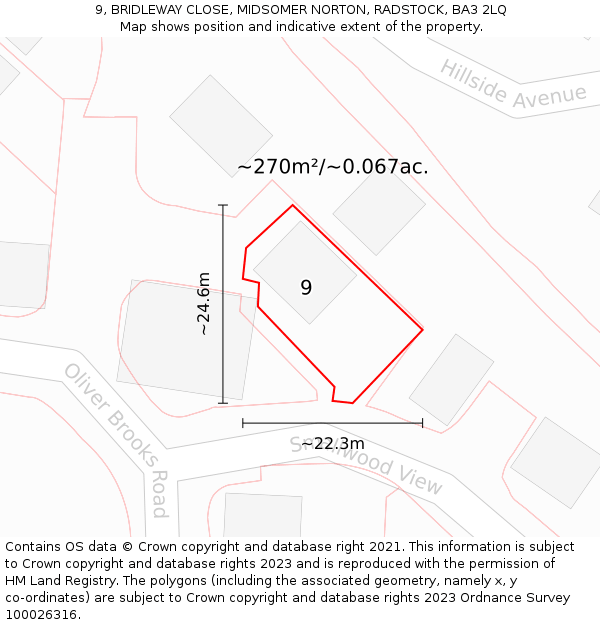 9, BRIDLEWAY CLOSE, MIDSOMER NORTON, RADSTOCK, BA3 2LQ: Plot and title map