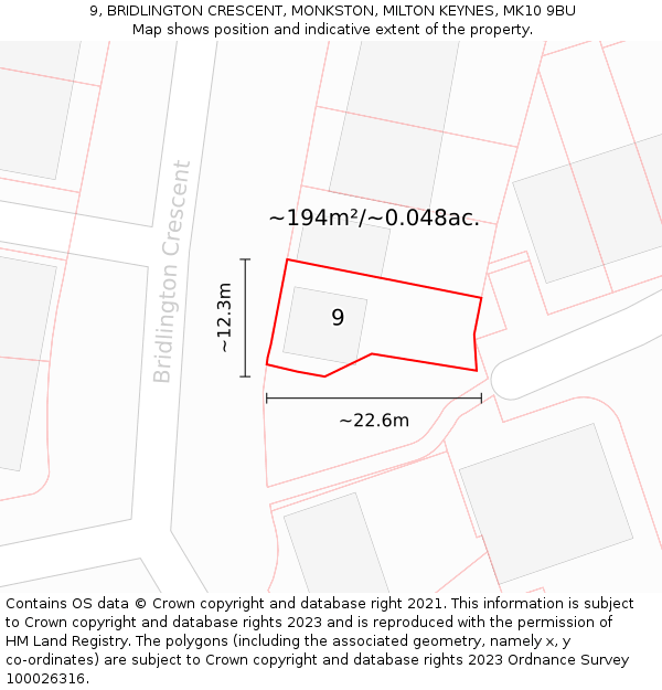 9, BRIDLINGTON CRESCENT, MONKSTON, MILTON KEYNES, MK10 9BU: Plot and title map