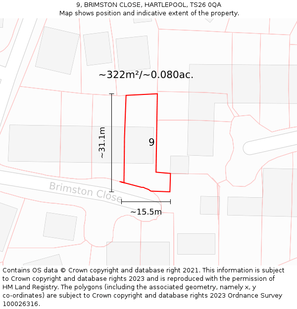 9, BRIMSTON CLOSE, HARTLEPOOL, TS26 0QA: Plot and title map