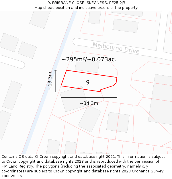 9, BRISBANE CLOSE, SKEGNESS, PE25 2JB: Plot and title map
