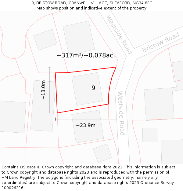 9, BRISTOW ROAD, CRANWELL VILLAGE, SLEAFORD, NG34 8FG: Plot and title map