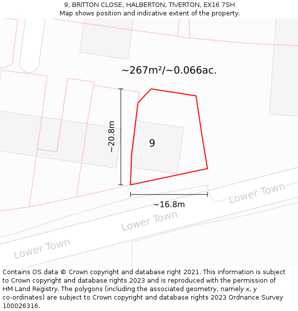 9, BRITTON CLOSE, HALBERTON, TIVERTON, EX16 7SH: Plot and title map