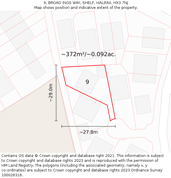 9, BROAD INGS WAY, SHELF, HALIFAX, HX3 7NJ: Plot and title map