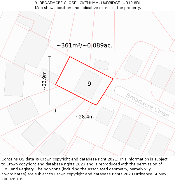 9, BROADACRE CLOSE, ICKENHAM, UXBRIDGE, UB10 8BL: Plot and title map