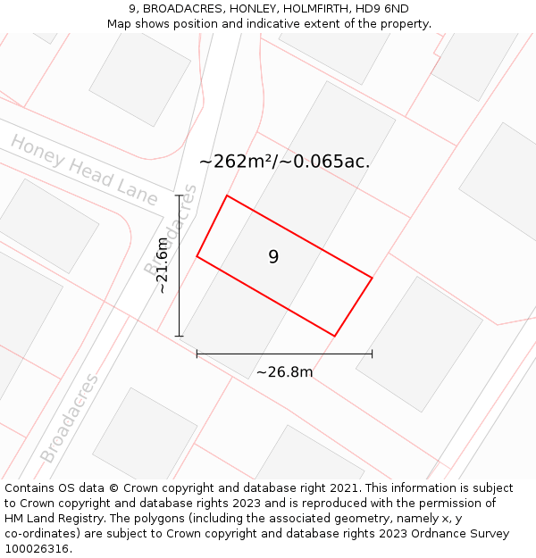 9, BROADACRES, HONLEY, HOLMFIRTH, HD9 6ND: Plot and title map