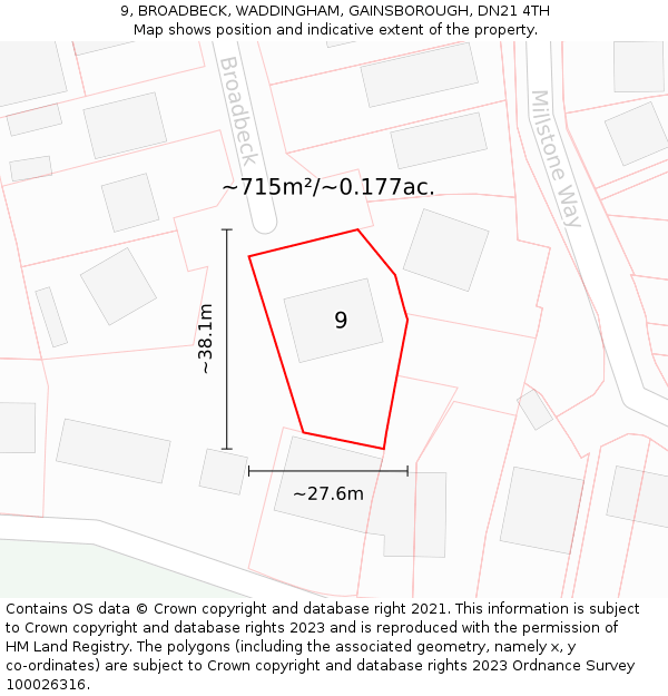 9, BROADBECK, WADDINGHAM, GAINSBOROUGH, DN21 4TH: Plot and title map