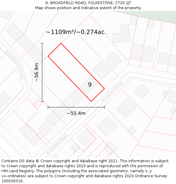 9, BROADFIELD ROAD, FOLKESTONE, CT20 2JT: Plot and title map