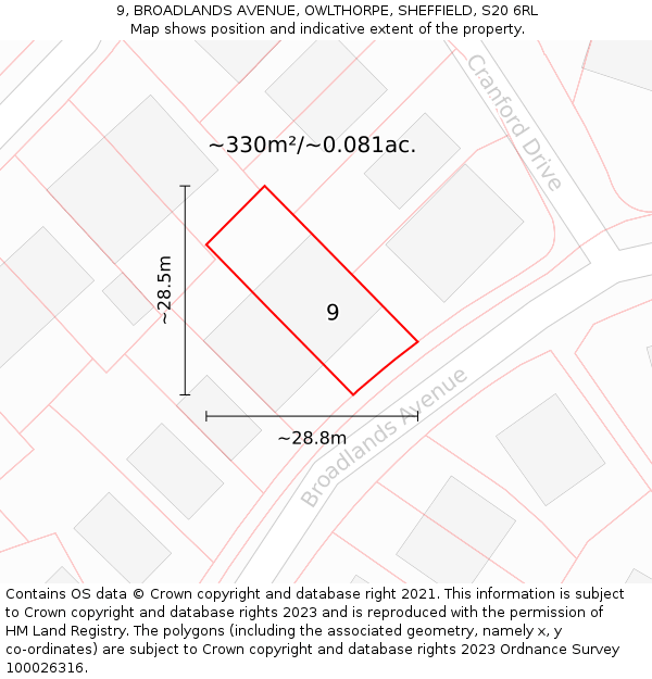 9, BROADLANDS AVENUE, OWLTHORPE, SHEFFIELD, S20 6RL: Plot and title map