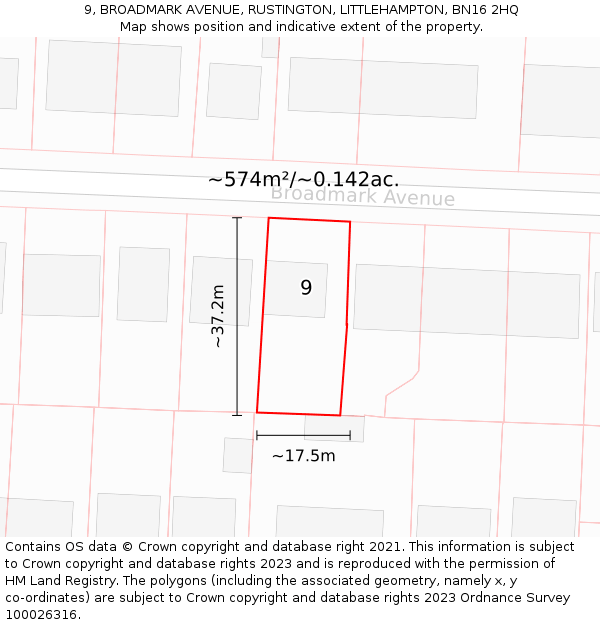 9, BROADMARK AVENUE, RUSTINGTON, LITTLEHAMPTON, BN16 2HQ: Plot and title map