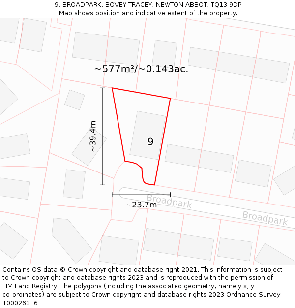 9, BROADPARK, BOVEY TRACEY, NEWTON ABBOT, TQ13 9DP: Plot and title map
