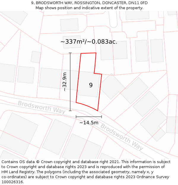 9, BRODSWORTH WAY, ROSSINGTON, DONCASTER, DN11 0FD: Plot and title map