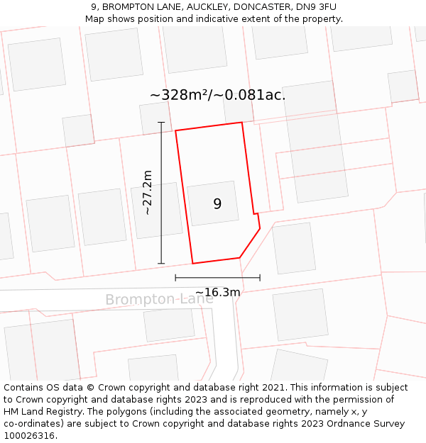 9, BROMPTON LANE, AUCKLEY, DONCASTER, DN9 3FU: Plot and title map