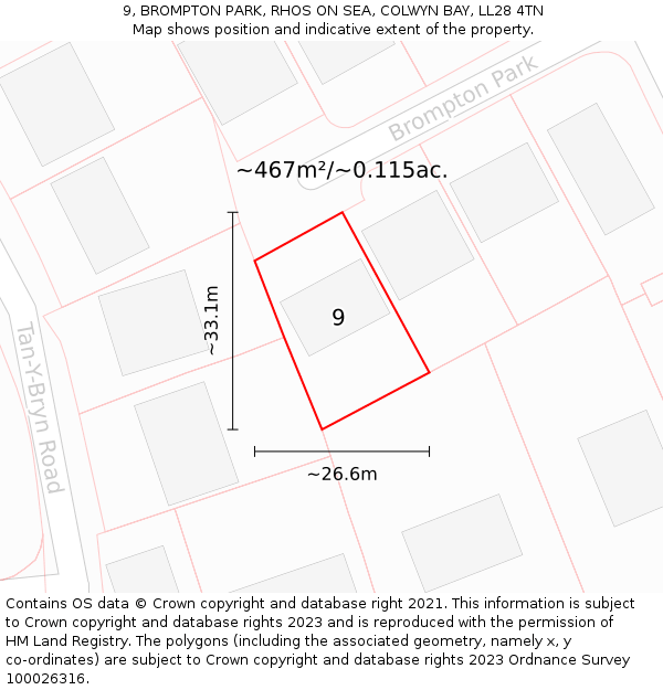 9, BROMPTON PARK, RHOS ON SEA, COLWYN BAY, LL28 4TN: Plot and title map