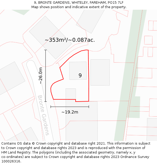 9, BRONTE GARDENS, WHITELEY, FAREHAM, PO15 7LF: Plot and title map